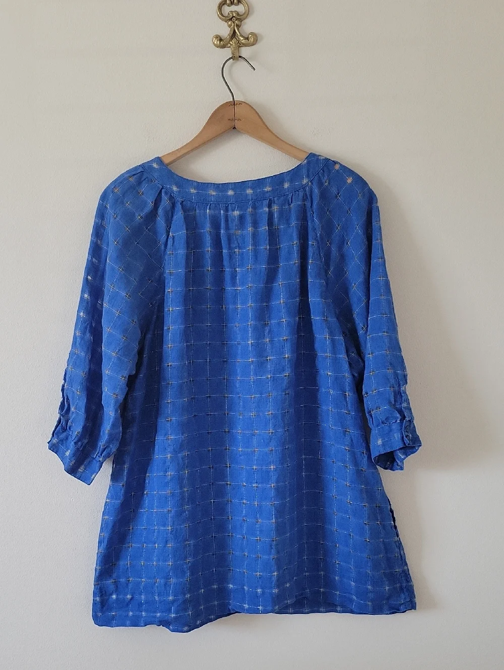 Chico's Blue Linen Windowpane Button Down Tunic Shirt Size XL